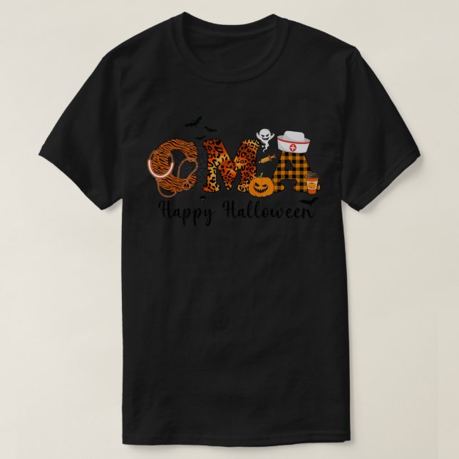 Camiseta Enfermeira CMA do Leopardo Feliz Halloween Vibes P (Frente do Design)