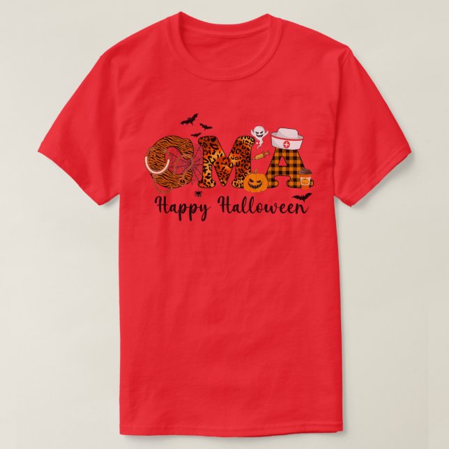 Camiseta Enfermeira CMA do Leopardo Feliz Halloween Vibes P (Frente do Design)