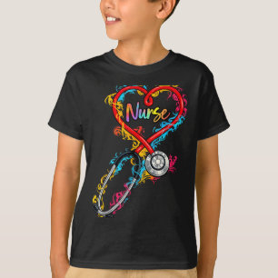 Camiseta Enfermeira Colorida Coração Estetoscópio Arte Médi