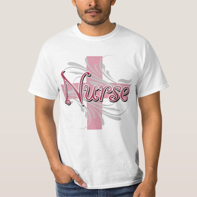 Camiseta Enfermeira cor-de-rosa da cruz/redemoinho (Frente)