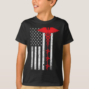 Camiseta Enfermeira De Bandeira Dos Eua, Linha Vermelha Fin