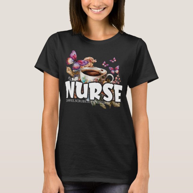 Camiseta Enfermeira de café com flores e borboletas (Frente)