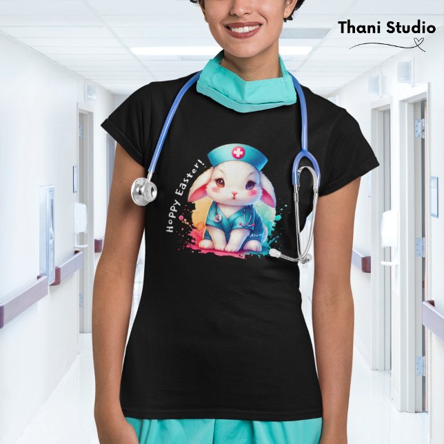 Camiseta Enfermeira de coelho bonito Páscoa de hoppy e nome (Criador carregado)