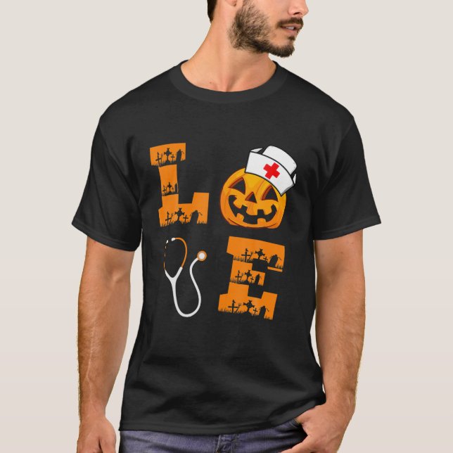 Camiseta Enfermeira do Amor Pumpkin Jack O Dia de as Bruxas (Frente)
