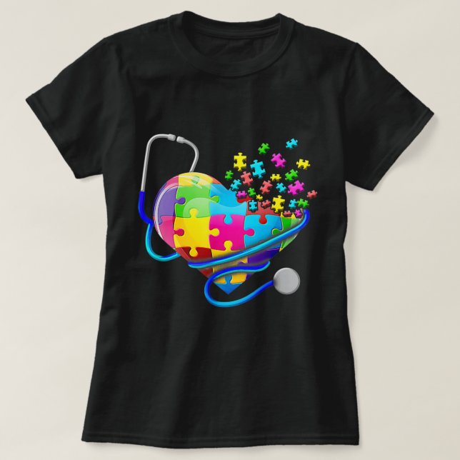 Camiseta Enfermeira Enfermeira Autismo Quebra-cabeça Stetho (Frente do Design)