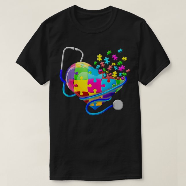 Camiseta Enfermeira Enfermeira Autismo Quebra-cabeça Stetos (Frente do Design)