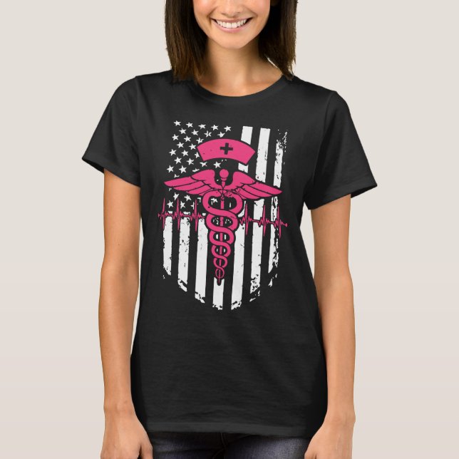 Camiseta Enfermeira Enfermeira Sinalizador Rosa Símbolo Amé (Frente)
