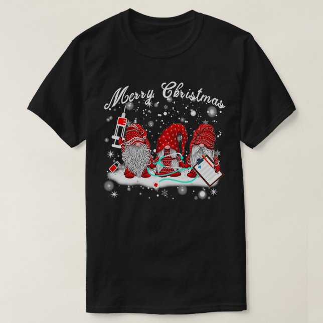 Camiseta Enfermeira Gnomos Papai noel Luz de Natal (Frente do Design)