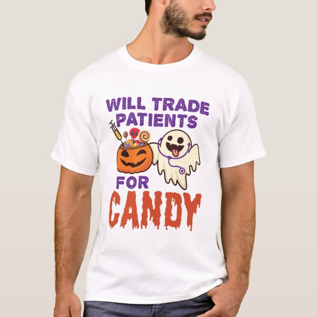 Camiseta Enfermeira Halloween vai trocar pacientes por doce (Frente)