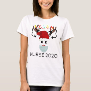 Camiseta Enfermeira Natal 2020 Reindeer Vestindo máscara f