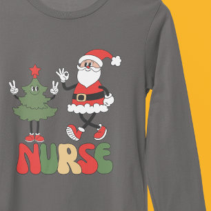 Camiseta Enfermeira Natal, Retro Papai Noel e Árvore