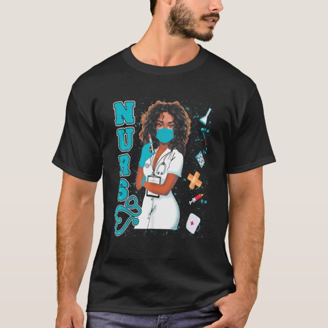 Camiseta Enfermeira Negra Máscara Uniforme Afro-Preto H (Frente)
