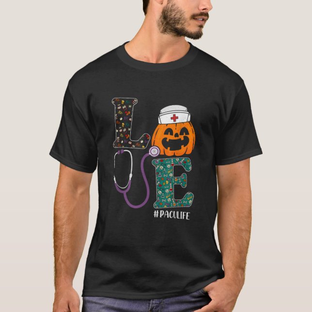Camiseta Enfermeira PACU Halloween Assustador Abóbora Abóbo (Frente)