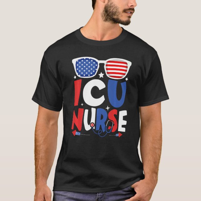 Camiseta Enfermeira Patriótica Icu 4 De Julho Sunglasse Ame (Frente)