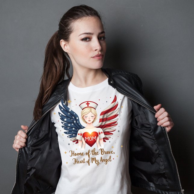 Camiseta Enfermeira Patriótica Mãe Anjo com Asas de Bandeir (Criador carregado)