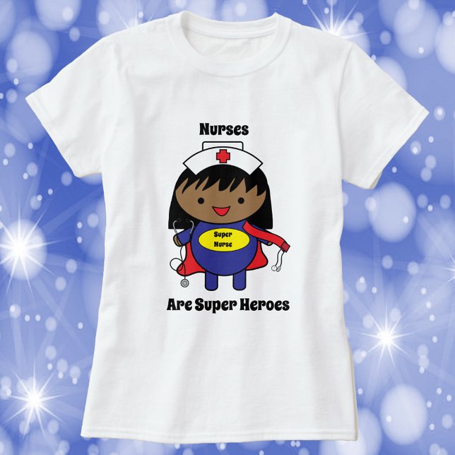 Camiseta Enfermeira Preta É Apreciação Super Herói (A shirt featuring a black female nurse and the text, "Nurses Are Super Heroes")