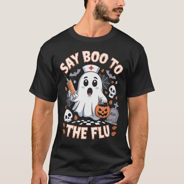 Camiseta Enfermeira Retro Ghost Halloween Vacina Diz Boo À (Frente)