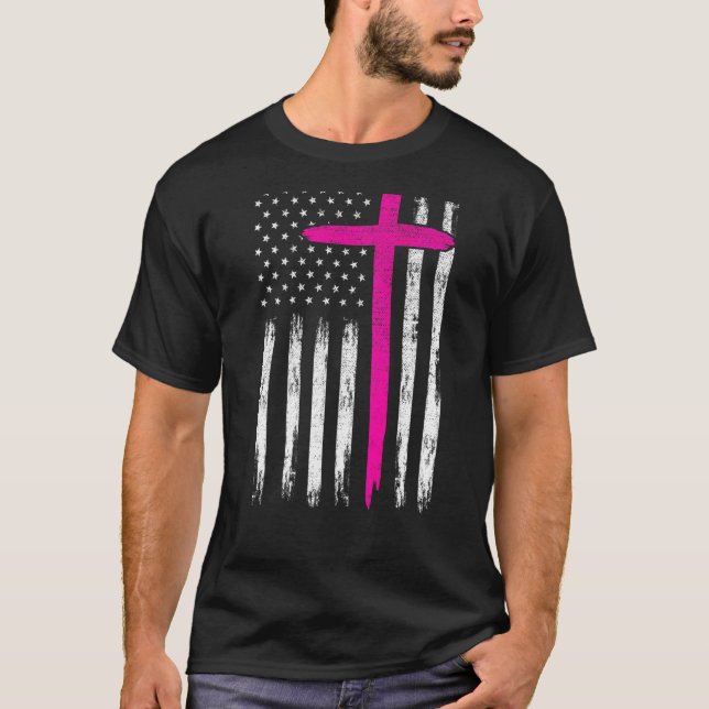 Camiseta Enfermeira Rosa Cruzando Cristãos com Bandeira Ame (Frente)