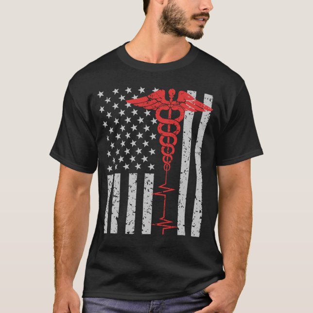 Camiseta Enfermeira Thin Red Line Caduceus Flag Americano (Frente)