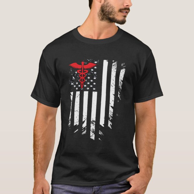 Camiseta Enfermeira Thin Red Line Caduceus Flag Americano (Frente)
