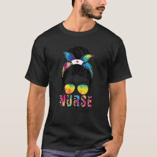 Camiseta Enfermeira Tie Dye Messy Bun Dia de os namorados S