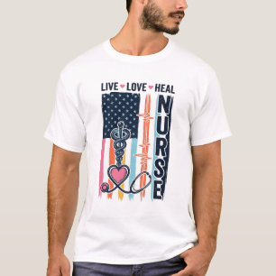 Camiseta Enfermeira Viva Ame Cure Patriótico Vintage Vetor 