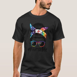Camiseta Enfermeira Viva Mensagem Bun Tie Tye Óculos Bandan