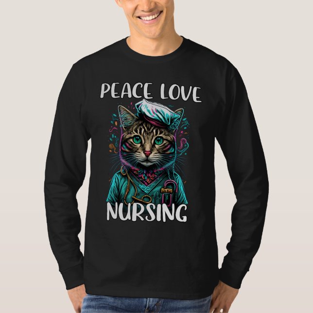 Camiseta Enfermeiro Bonito Cat Peace Love Enfermando RN & L (Frente)