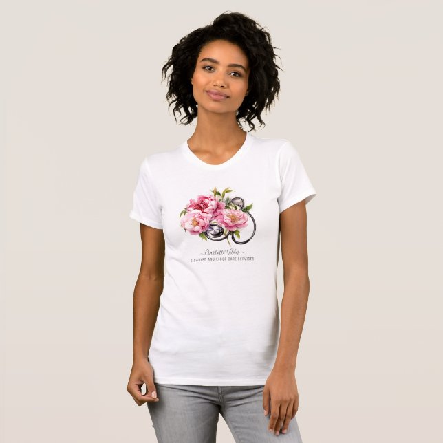 Camiseta Enfermeiro Cuidador Estetoscópio Floral (Frente Completa)