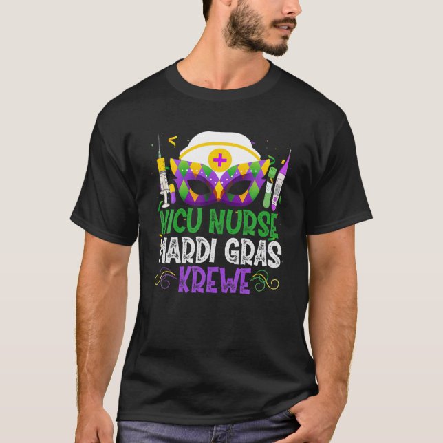Camiseta Enfermeiro NICU Krewe Máscaras Mardi Gras Carnaval (Frente)