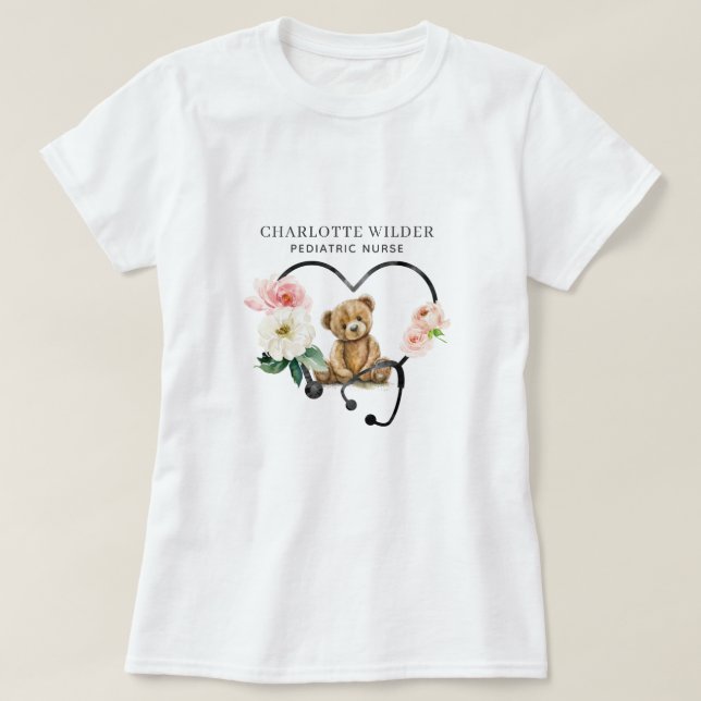 Camiseta Enfermeiro Pediátrico Urso de Teddy Urso Floral Es (Frente do Design)