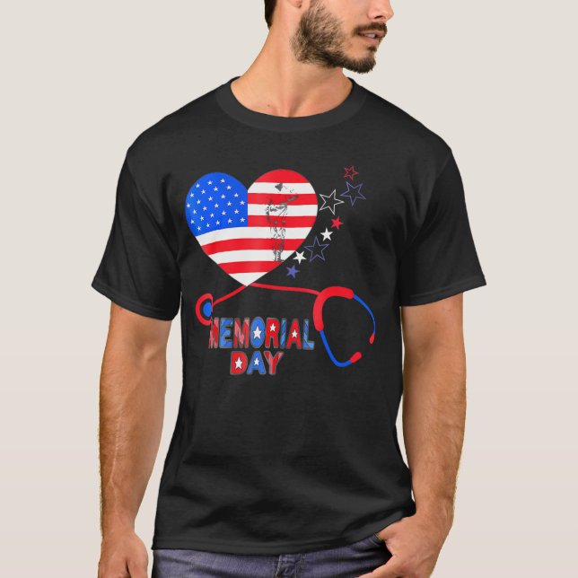 Camiseta Enfermeiro Stethoscope Cardíaco Patriótico Dia Mem (Frente)