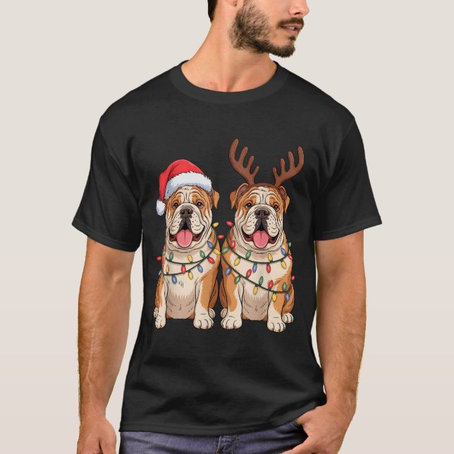 Camiseta English Bulldog Christmas Santa Hat Reindeer Light (Frente)