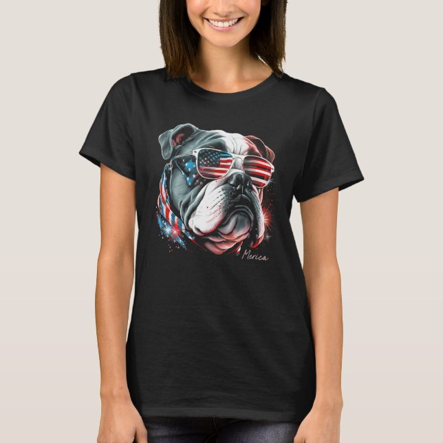 Camiseta English Bulldog Dog 4th of July American Flag USA  (Frente)