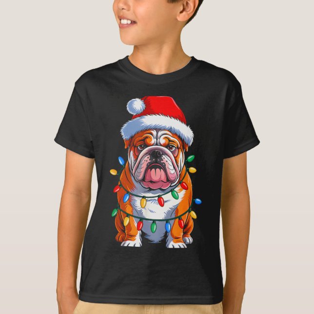 Camiseta English Bulldog Dog Christmas Lights Santa Hat Xma (Frente)