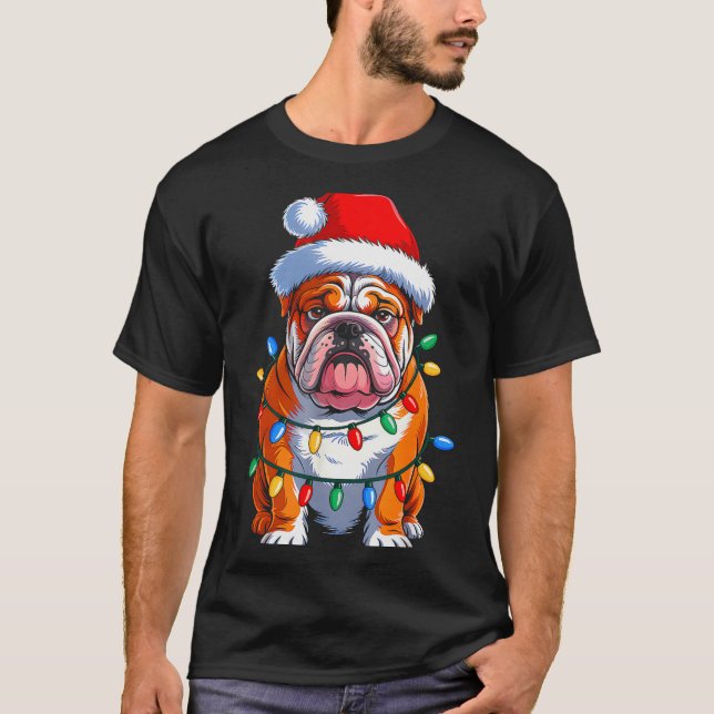 Camiseta English Bulldog Dog Christmas Lights Santa Hat Xma (Frente)
