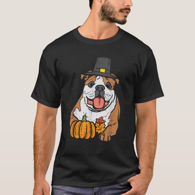 Camiseta English Bulldog Pumpkin Leaf Thanksgiving Fall Hal (Frente)