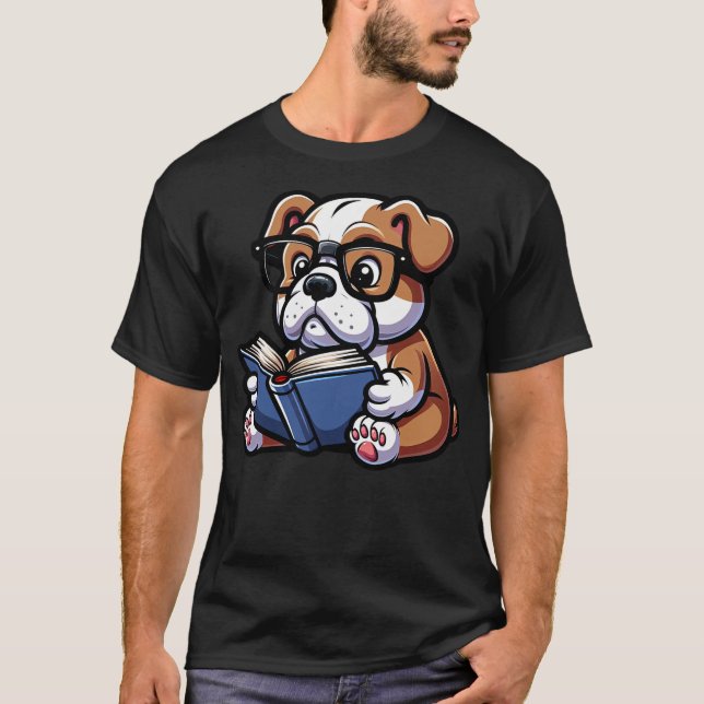 Camiseta English Bulldog Reading Funny Dog Book Lover (Frente)