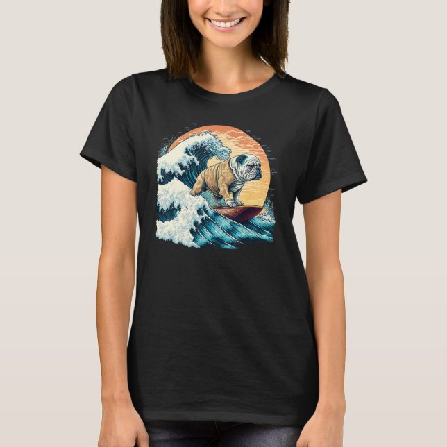 Camiseta English Bulldog Surfing On the Great Wave of Kanag (Frente)