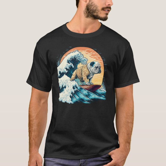 Camiseta English Bulldog Surfing On the Great Wave of Kanag (Frente)