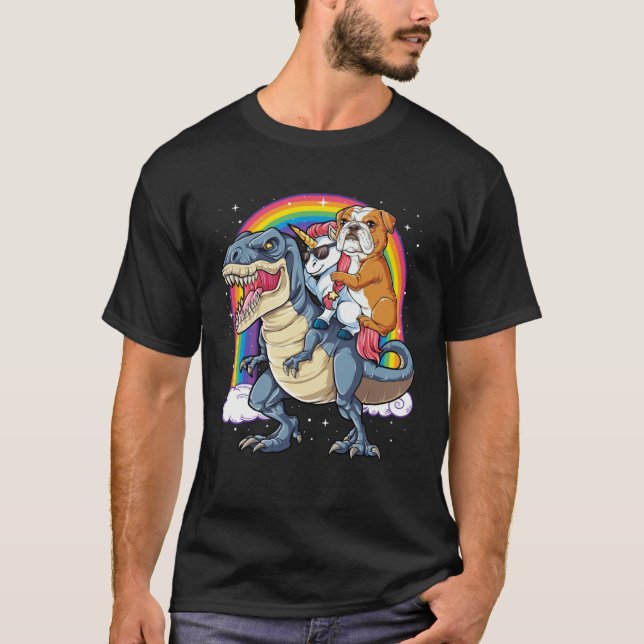 Camiseta English Bulldog Unicorn Riding Dinosaur rex  Men W (Frente)