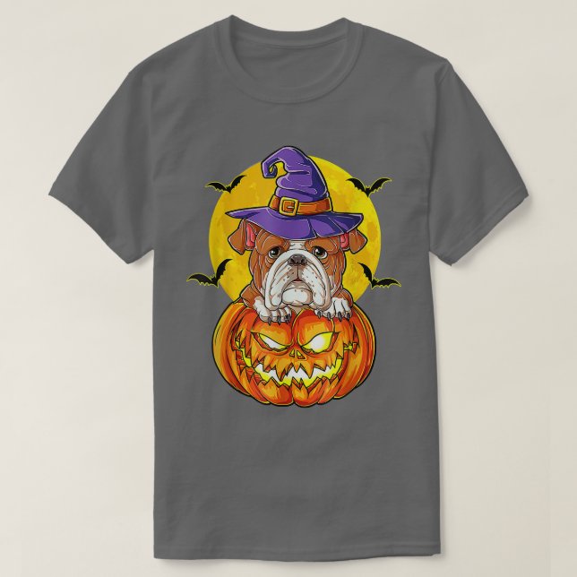 Camiseta English Bulldog Witch Pumpkin Halloween Girls Wome (Frente do Design)