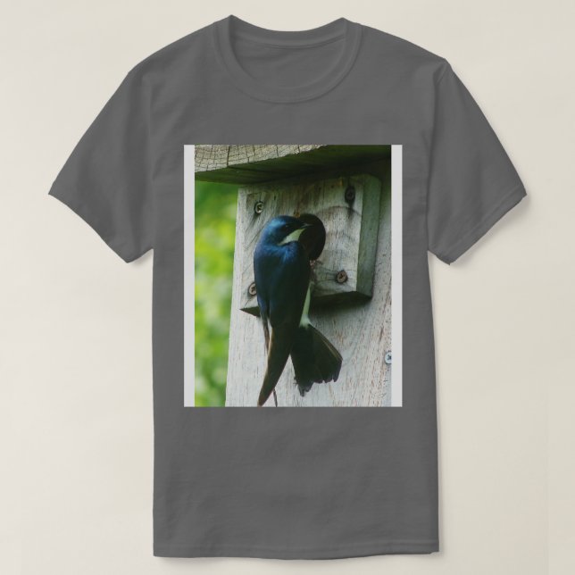 Camiseta Engolir pássaro verificando uma casa de pássaro (Frente do Design)