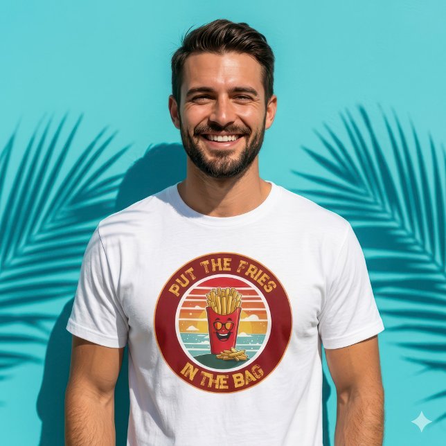 Camiseta engraçada com o meme 'Coloque as batatas  (Humorous AI Art Cartoon Fries Sarcastic Men's Graphic Shirt)