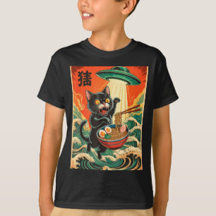 Camiseta engraçada de anime japonês Cat Ramen Ufo 