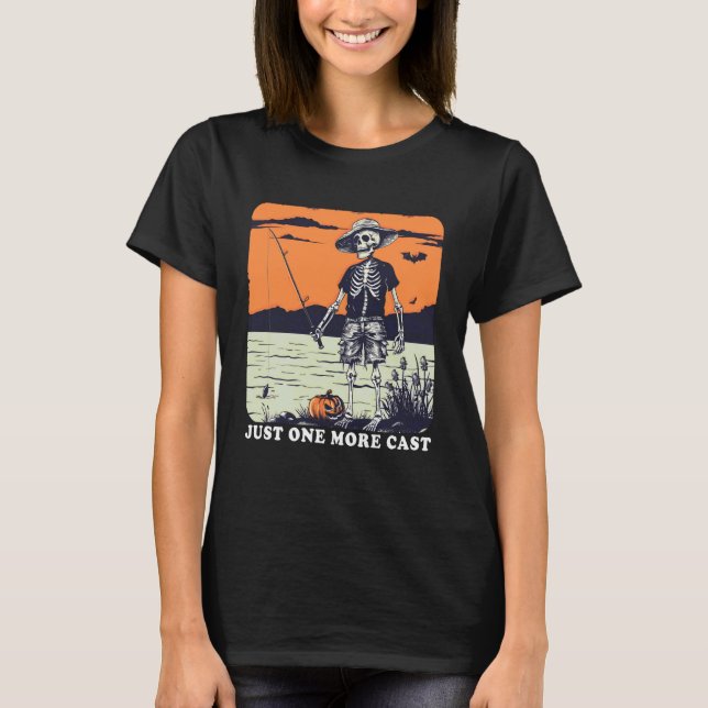 Camiseta Engraçada de Esqueleto Pescando Só Mais U (Frente)