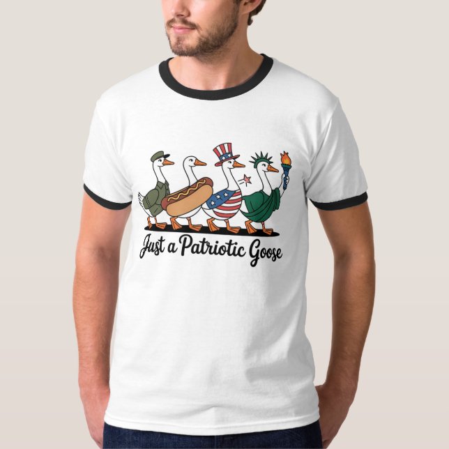 Camiseta Engraçada de Gansos Patrióticos Marchando (Frente)