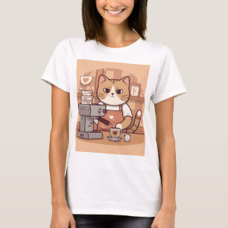 Camiseta engraçada de gato barista fofo com café