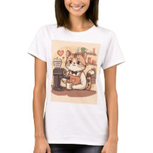 Camiseta engraçada de gato barista fofo com café