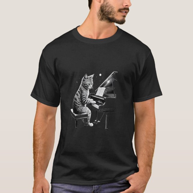 Camiseta engraçada de gato fofo tocando piano e P (Frente)
